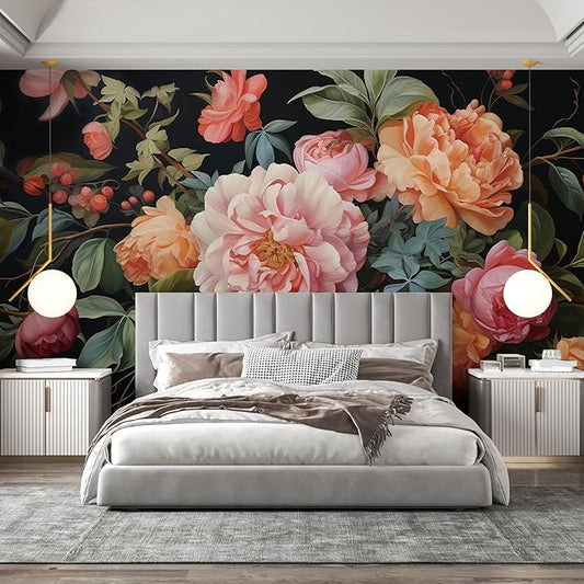Zeeko Large Floral Peel and Stick Wall Murals 148" W x 98" H Vintage 3D Dark Peony Flowers Wallpaper Self Adhesive Nature Botanical Leaf Wall Stickers for Bedroom TV Background Living Room Decor