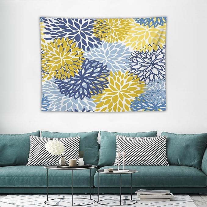 ZhiRain Blue Yellow Floral Tapestry Wall Hanging Boho Dahlia Chrisanthemum Flowers Pattern Tapestries Home Decor for Living Room Bedroom Farmhouse Apartment Dorm 30"x40"