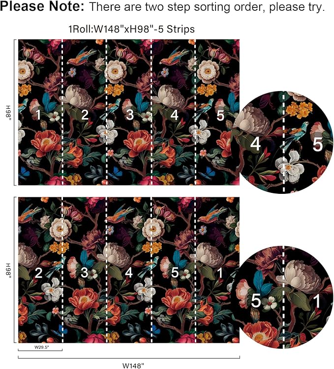 Zeeko Floral Peel and Stick Wall Mural Black Flower Wallpaper for Bedroom TV Background Vintage Wallpaper Large Floral Wall Murals Art Deco 148" W x 98" H