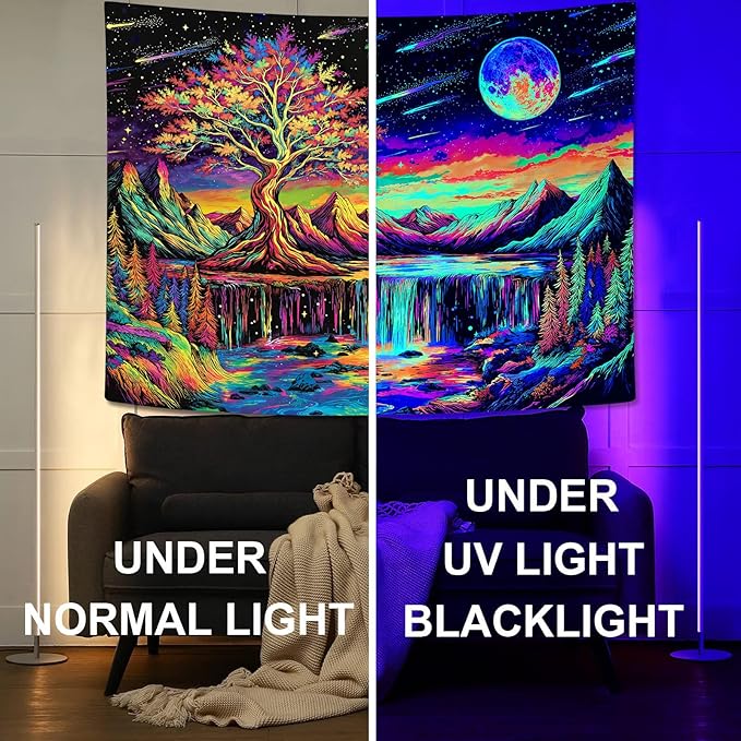 Zussun Blacklight Tree of Life Tapestry UV Reactive Moon Mountain Forest Waterfull Tapestry for Bedroom Aesthetic Nature Small Tapestries Wall Hanging for Dorm Living Room Decor 60 x 44 Inch