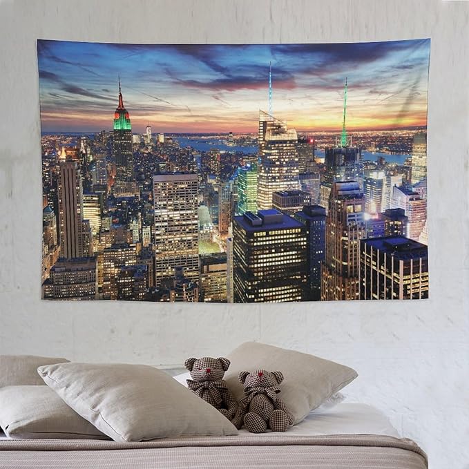 ZhiRain New York Tapestry Wall Hanging NYC Urban Skyscrapers Skyline Sunset Streets USA Architecture Tapestries Home Decor for Living Room Bedroom Apartment Farmhouse Dorm 60"x90"