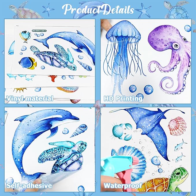 9 Sheets Under The Sea Wall Stickers Decals, ULENDIS Ocean Animal Sea Turtle Seaweed Whale Fish Wall Sticker, Removable Marine Themed Wall Decorations for Nursery Bedroom Bathroom Living Room