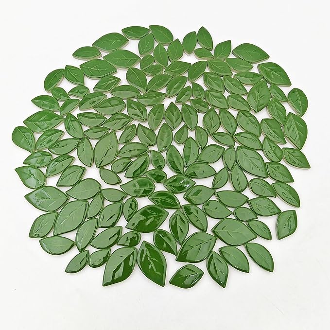 500g/1.1lb Leaf-Shaped Ceramic Mosaic Tiles,Ceramic Mosaic Pieces for Crafts,Mosaic Tiles for Home Decoration or DIY Crafts,Mosaic Making Supplies. (Dark Green)