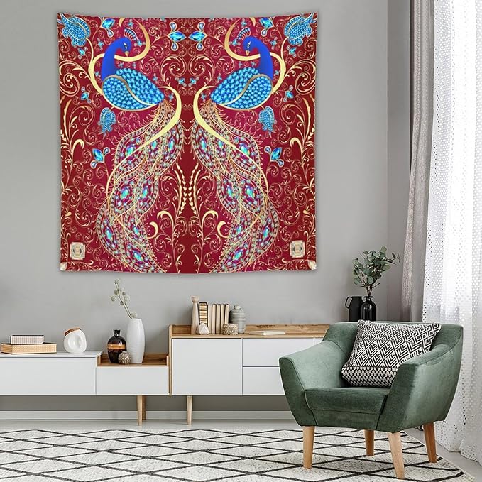 ZhiRain Peacock Ornament Tapestry Wall Hanging Golden Red Background Elegant Bohemian Style Tapestries Home Decor for Living Room Bedroom Farmhouse Apartment Dorm 60"x60"