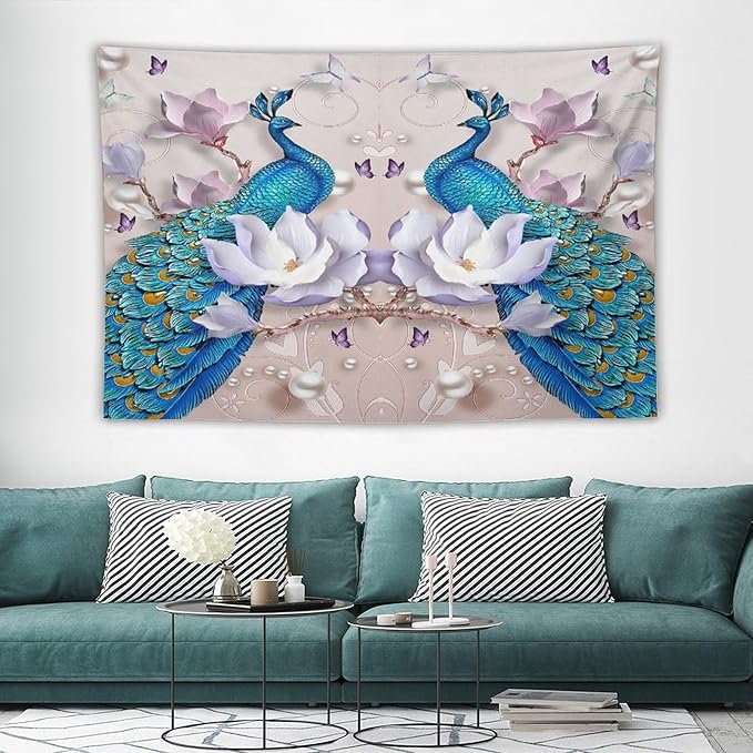 ZhiRain Peacock Tapestry Wall Hanging Beautiful Bird Flower Pearl Watercolor Pattern Print Tapestries Home Decor for Living Room Bedroom Farmhouse Apartment Dorm 40"x60"