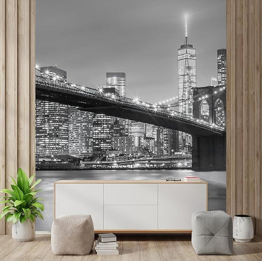 wall26 Brooklyn Bridge and New York City Manhattan Downtown Skyline at Dusk with Skyscrapers Removable Wall Mural Self-Adhesive Large Wallpaper - 132x96 inches