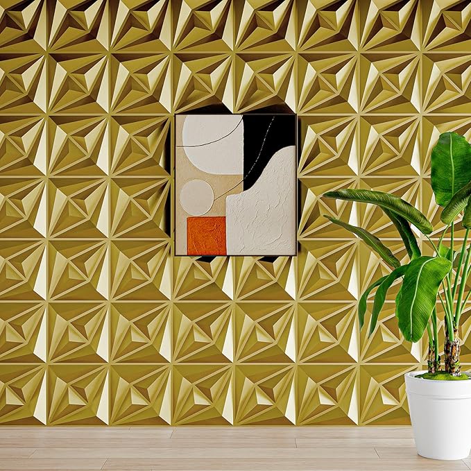 AMZDEPOT 3D Wall Panels for Interior Wall Decor, 3 Layout Options PVC Textured Wall Art Decor for Living Room Bedroom TV Background Gaming Room, 12''x12'', 20 Pcs Gold