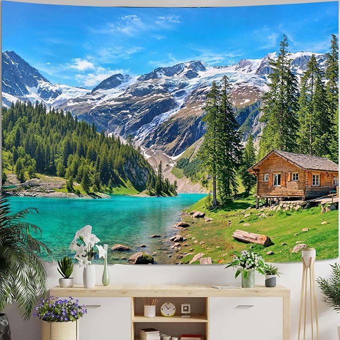Zussun Nature Mountain Forest Tapestry Green Pine Tree Stream Wall Tapestry for Bedroom Aesthetic Wooden Cabin Snowy Landscape Small Tapestries Wall Hanging for Dorm Living Room Decor 48 x 36 Inch