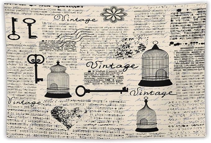 ZhiRain Old Newspaper Tapestry Wall Hanging Bird Cages Grunge Retro Pattern Keys Heart Shapes And Flower Tapestries Home Decor for Living Room Bedroom Apartment Farmhouse Dorm 60"x90"