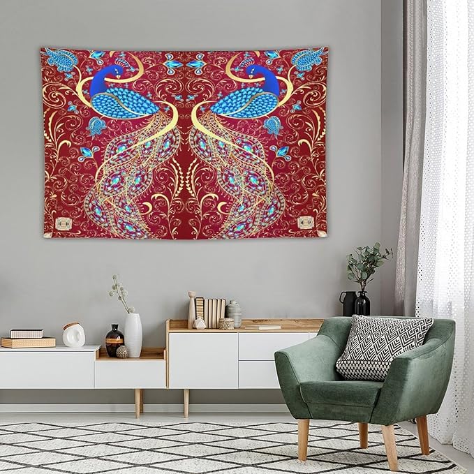 ZhiRain Peacock Ornament Tapestry Wall Hanging Golden Red Background Elegant Bohemian Style Tapestries Home Decor for Living Room Bedroom Farmhouse Apartment Dorm 60"x90"