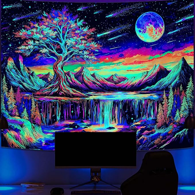 Zussun Blacklight Tree of Life Tapestry UV Reactive Moon Mountain Forest Waterfull Tapestry for Bedroom Aesthetic Nature Large Tapestries Wall Hanging for Dorm Living Room Decor 80 x 60 Inch