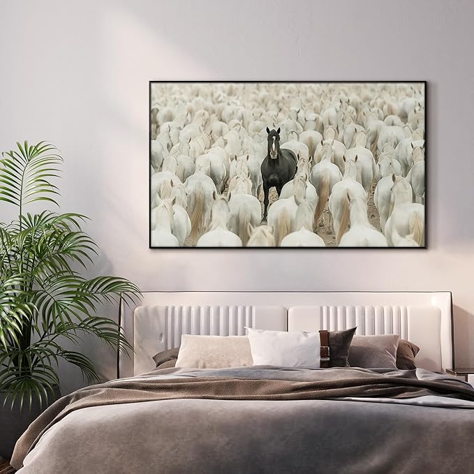 36"x60" XL Framed Wall Art - Unique Black Horse Amidst White Herd Animal (Frame Assembly Required)