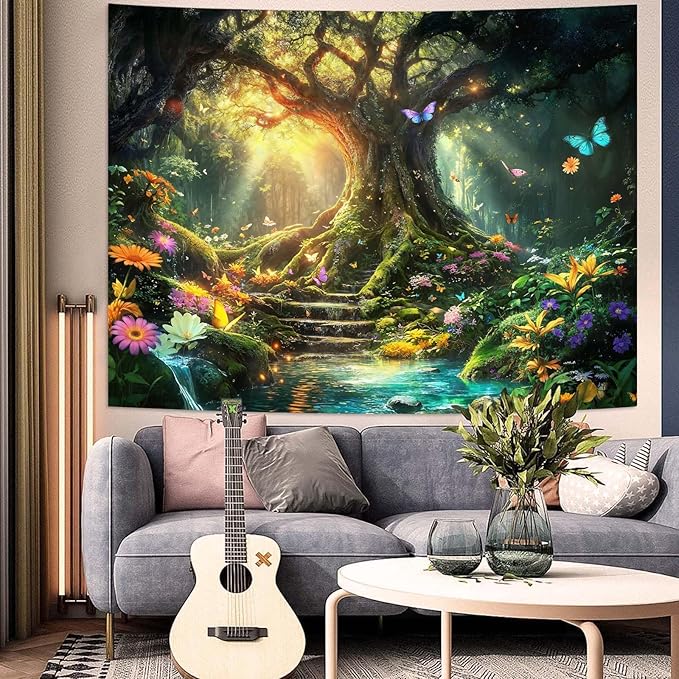 Zussun Fantasy Forest Tapestry Green Tree of Life Fairy Wall Tapestry for Bedroom Aesthetic Nature Floral Butterfly Small Tapestries Wall Hanging for Dorm Living Room Decor 60 x 44 Inch