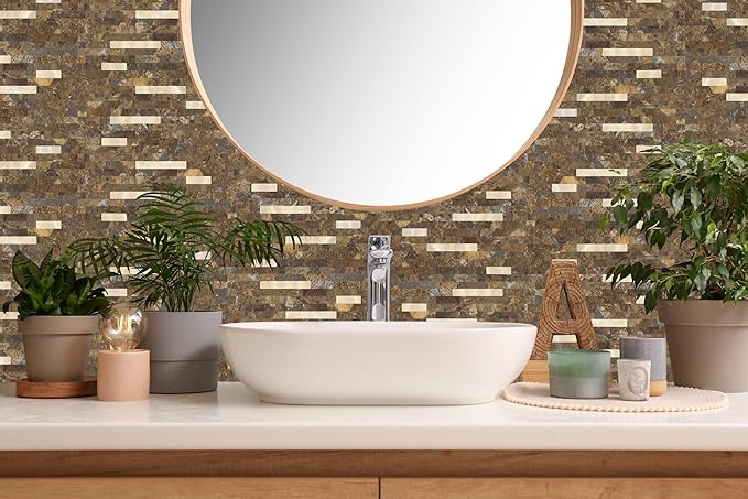Yipscazo 40 Sheets Peel and Stick Stone Metal Backsplash, PVC Wall Tiles Stick on Tiles for Backsplash Kitchen, Bathroom, Fireplace (6'' X 12'', Rustic)