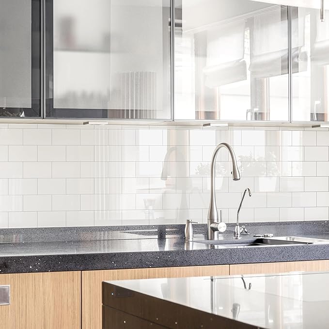 10-Pack Peel and Stick Tile Backsplash 12"X12" PVC Wall Tiles, Stick on Backsplash for Kitchen, Bathroom Tile, Fireplace Décor, Laundry Table, Stair Decals in Polished Cream White