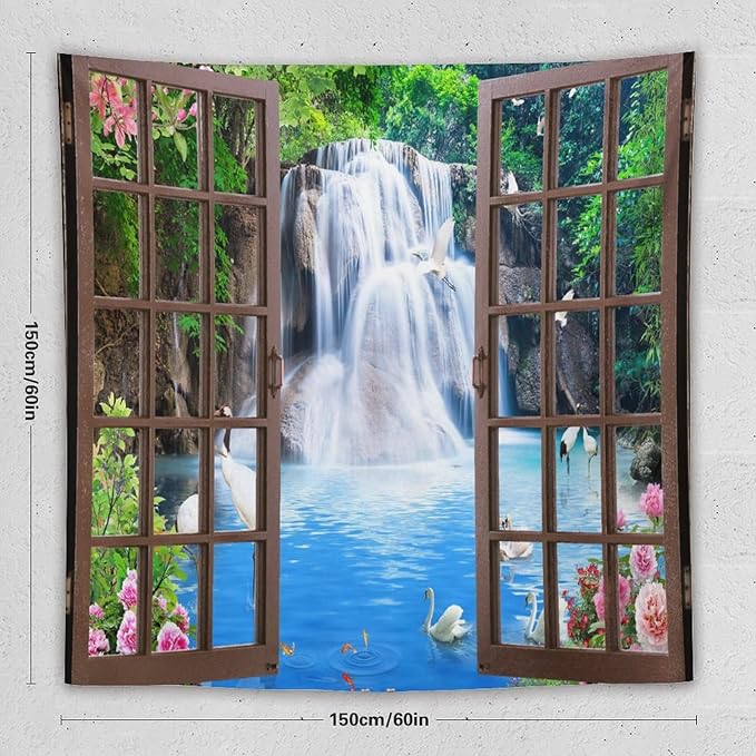 ZhiRain Waterfall Landscape Tapestry Wall Hanging Natural Forest Garden Trees And Roses Flower Scenery Tapestries Home Decor for Living Room Bedroom Apartment Farmhouse Dorm 60"x60"