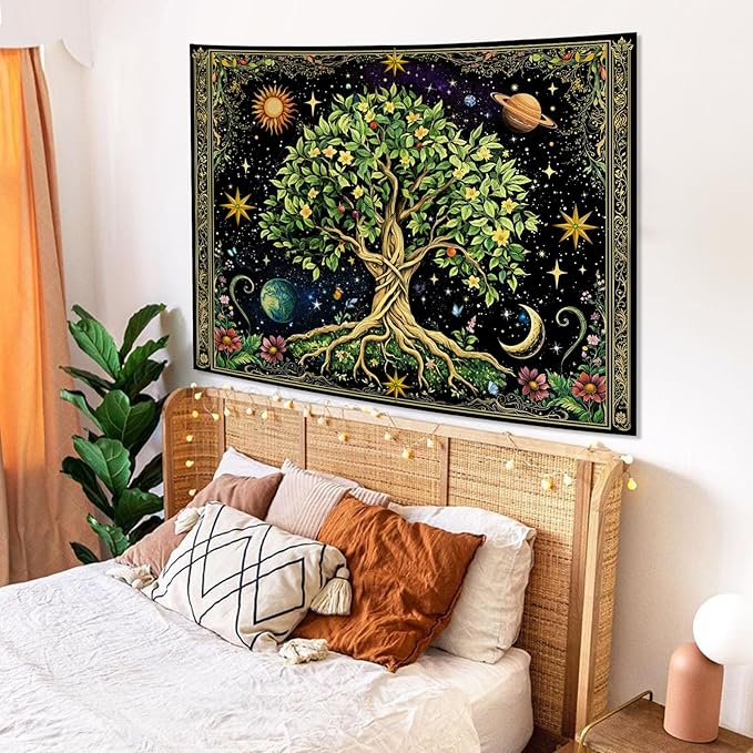 Zussun Tree of Life Tapestry Vintage Nature Green Plant Floral Flowers Celestial Tapestries for Bedroom Aesthetic Retro Sun Moon Stars Galaxy Tapestry Wall Hanging for Dorm Living Room 48 x 36 Inch