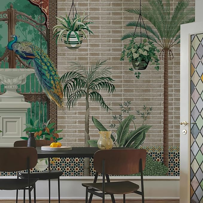 Zeeko Exotic Tropical Green Wall Mural Peel and Stick 148" W x 110" H Large Botanical Indian Garden Wallpaper with Peacock Self-Adhesive Canvas Mural for Living Room Accent Wall Bathroom