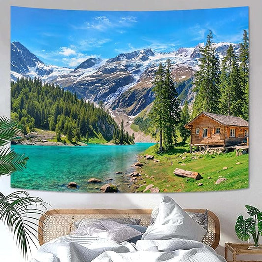 Zussun Nature Mountain Forest Tapestry Green Pine Tree Stream Wall Tapestry for Bedroom Aesthetic Wooden Cabin Snowy Landscape Small Tapestries Wall Hanging for Dorm Living Room Decor 48 x 36 Inch
