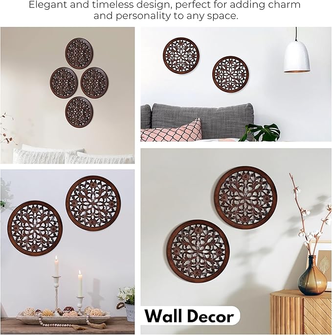 Woodify Hand-Carved Wooden Wall Décor – Set of 2, 12" x 12" Decorative Wood Panels, Floral Design, Natural Burnt Finish, Wall Art for Living Room & Home Décor