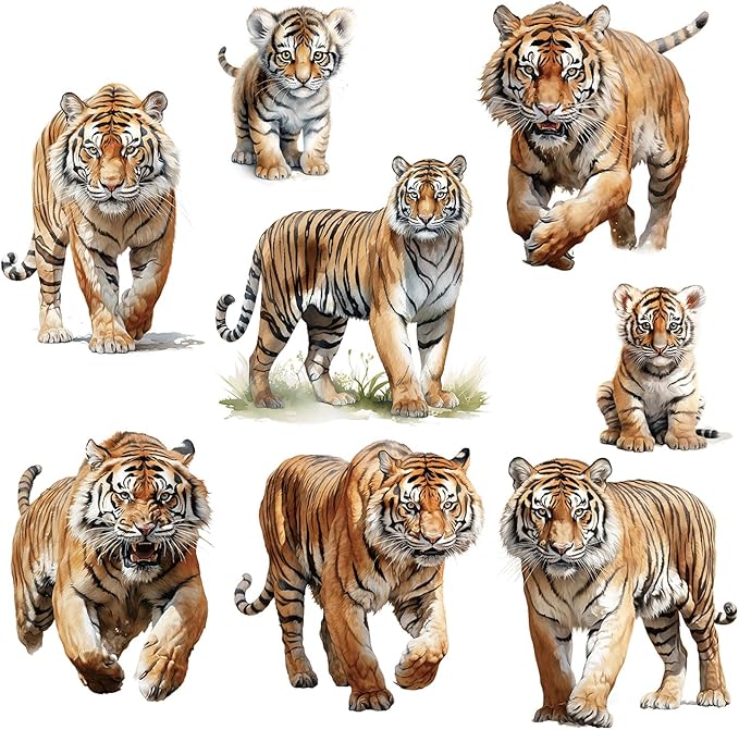 AM AMAONM Removable 3D Nature Jungle Wild Animals Wall Stickers DIY Peel and Stick Safari Tiger Lion Elephant Wall Decals Aniaml Wall art Decor for Kids Baby Bedroom Nursery Living Room (Tiger family)