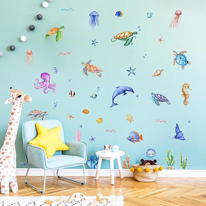 9 Sheets Under The Sea Wall Stickers Decals, ULENDIS Ocean Animal Sea Turtle Seaweed Whale Fish Wall Sticker, Removable Marine Themed Wall Decorations for Nursery Bedroom Bathroom Living Room