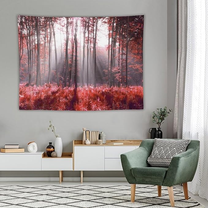 ZhiRain Red Forest Tapestry Wall Hanging Season Foggy Nature And Enchanted Woods Wild Trees Print Tapestries Home Decor for Living Room Bedroom Apartment Farmhouse Dorm 60"x80"