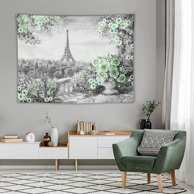 ZhiRain Vintage Paris Tapestry Wall Hanging Eiffel Tower Green Rose Flower Spring Cityscape Gray Tapestries Home Decor for Living Room Bedroom Apartment Farmhouse Dorm 60"x80"