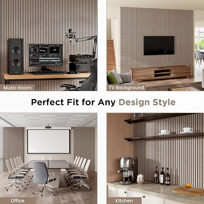 Wood Slat Acoustic Panels, 94.5" x 12.6" Each Soundpoof Wooden Slat Wall Panel - Walnut, 4 Pack