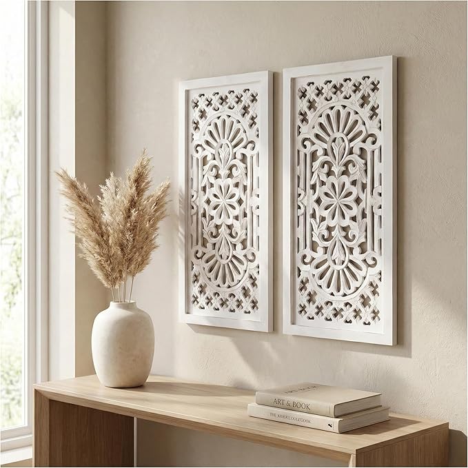 Wood Wall Art - Wall Panels in Handcrafted Carved Wood For Livingroom Bedroom,Dining room,Elegant Decorative Wall Art for Home & Office 12x24" Set of 2 White Antique_Cutwork Designs
