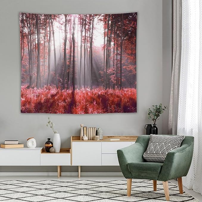ZhiRain Red Forest Tapestry Wall Hanging Season Foggy Nature And Enchanted Woods Wild Trees Print Tapestries Home Decor for Living Room Bedroom Apartment Farmhouse Dorm 50"x60"