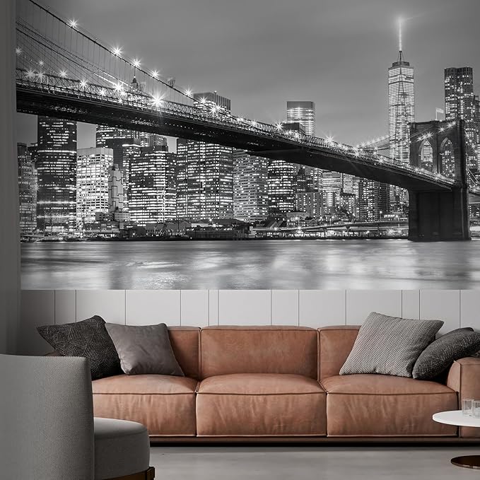 wall26 Brooklyn Bridge and New York City Manhattan Downtown Skyline at Dusk with Skyscrapers Removable Wall Mural Self-Adhesive Large Wallpaper - 48x72 inches
