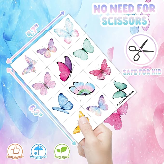 8 Sheets (96PCS) Butterfly Temporary Tattoos Butterflies Theme Birthday Party Decorations Supplies Favors Stickers for Women Kids Gifts Classroom School Prizes Rewards