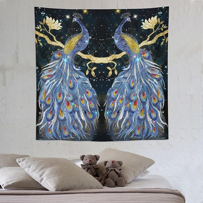 ZhiRain Elegant Peacock Tapestry Wall Hanging Exotic Fantastic Animal with Glitter Starry Sky Modern Tapestries Home Decor for Living Room Bedroom Farmhouse Apartment Dorm 60"x60"