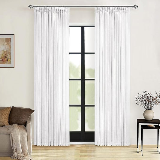 White Linen Curtains 80 Inches Long for Living Room Pinch Pleat Hooks for Living Room Back Tab Thick Linen Textured Pleated Drape Light Filtering Snow White Bedroom Window Curtain 80 Inch Length