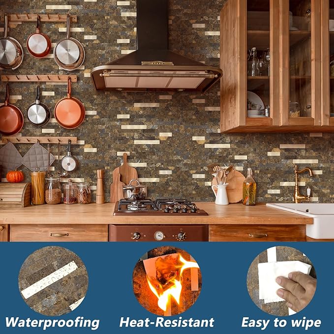 Yipscazo 40 Sheets Peel and Stick Stone Metal Backsplash, PVC Wall Tiles Stick on Tiles for Backsplash Kitchen, Bathroom, Fireplace (6'' X 12'', Rustic)