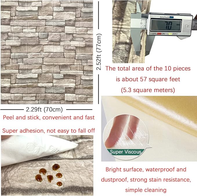 Yutianli 7mm Thick Anti-Collision self Adhesive 3D Wall Panels Peel and Stick,10-Pack 57 Sq.Ft Antique Foam Wall Panel Faux Brick Wall Panels Faux Stone Wall Panels for Bedroom (10, Style G)