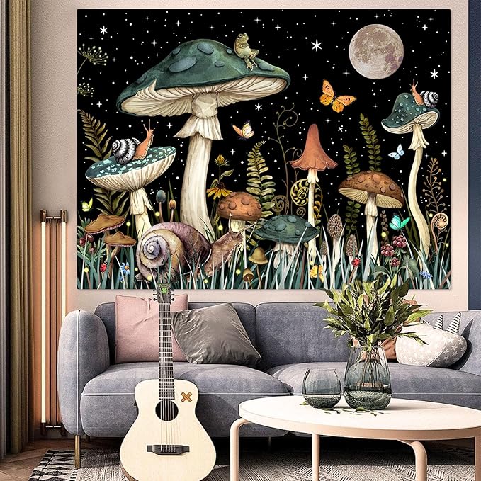 Zussun Green Mushroom Tapestry Moon Star Tapestries for Bedroom Aesthetic Starry Night Plant Tapastrys Wall Hanging Butterfly Snail Frog Wall Tapestry for Living Room Dorm (Dark, 90" x 68")