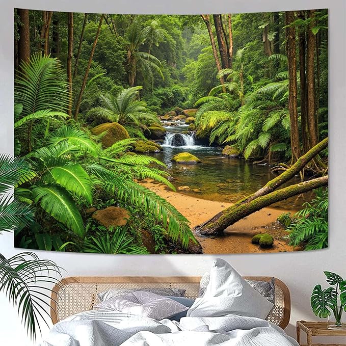 Zussun Nature Forest Tapestry Green Rainforest Tree Wall Tapestry for Bedroom Aesthetic Stream Landscape Small Tapestries Wall Hanging for Dorm Living Room Decor 48 x 36 Inch