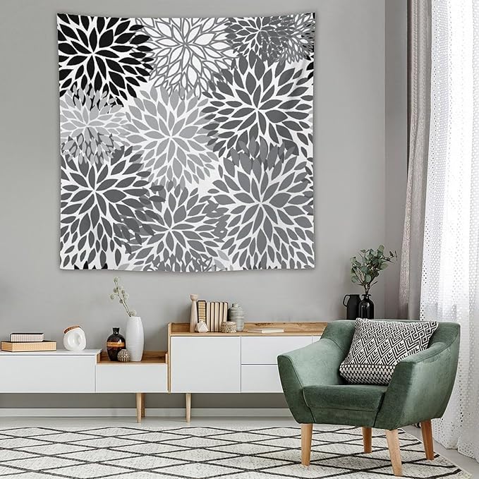 ZhiRain Black Grey Floral Tapestry Wall Hanging Boho Dahlia Chrisanthemum Flowers Pattern Tapestries Home Decor for Living Room Bedroom Farmhouse Apartment Dorm 60"x60"