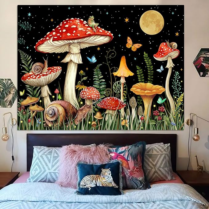 Zussun Red Mushroom Tapestry Moon Star Tapestries for Bedroom Aesthetic Starry Night Green Plant Tapastrys Wall Hanging Butterfly Snail Frog Wall Tapestry for Living Room Dorm (Black, 80" x 60")