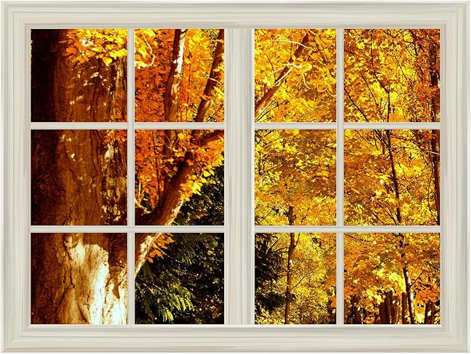 Yellow Tree Leaves in Autumn Window View Mural Wall Sticker - 24"x32"