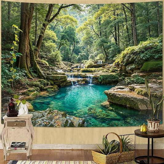 Zussun Nature Forest Tapestry Green Tree Wall Tapestry for Bedroom Aesthetic Plant Stream Pool Landscape Large Tapestries Wall Hanging for Dorm Living Room Decor 80 x 60 Inch