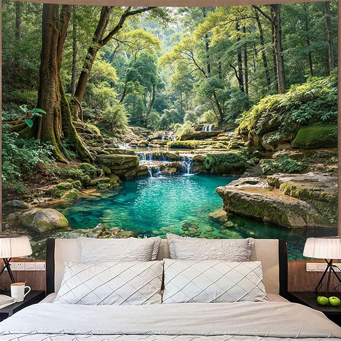 Zussun Nature Forest Tapestry Green Tree Wall Tapestry for Bedroom Aesthetic Plant Stream Pool Landscape Large Tapestries Wall Hanging for Dorm Living Room Decor 90 x 68 Inch