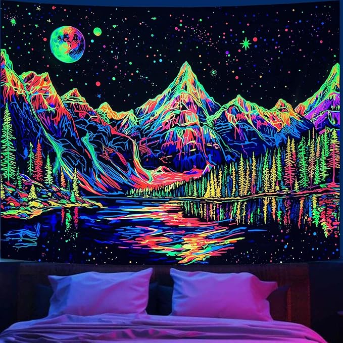 Zussun Blacklight Mountain Forest Tapestry for Bedroom Aesthetic Hippie Pine Tree River Lake Tapestries Wall Hanging Glow in The Dark Moon and Stars Wall Tapestry for Living Room Dorm 48 × 36 Inch