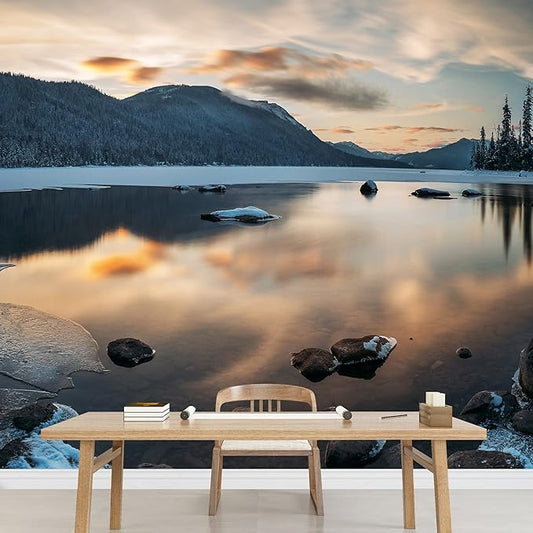 wall26 - Winter Landscape with Lake and Mountain - Removable Wall Mural | Self-Adhesive Large Wallpaper - 100x144 inches