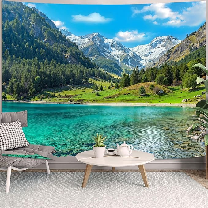 Zussun Nature Forest Mountain Tapestry Lush Green Pine Tree Lake Tapestry for Bedroom Aesthetic Meadow Mountain Landscape Small Tapestries Wall Hanging for Dorm Living Room Decor 48 x 36 Inch