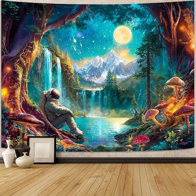 Zussun Mushroom Forest Tapestry Astronaut Nature Waterfull Snow Mountain Tapestry for Bedroom Aesthetic Fairy Moon Landscape Large Tapestries Wall Hanging for Dorm Living Room Decor 80 x 60 Inch