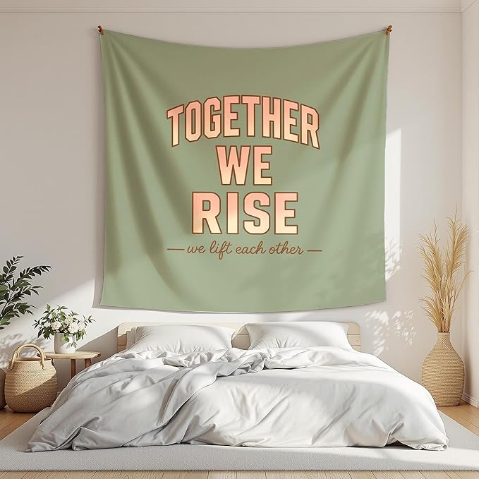 Xolytar Sage Green Tapestry Together We Rise - Preppy Room Decor Aesthetic, Retro Motivational Quote Wall Art for Teen Girls Bedroom, Sorority Dorm, Classroom & Office (50x60)