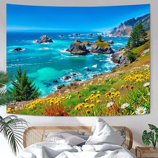 Zussun Nature Mountain Tapestry Coastal Mountain Grassland Tapestry for Bedroom Aesthetic Blue Ocean Landscape Small Tapestries Wall Hanging for Dorm Living Room Decor 48 x 36 Inch
